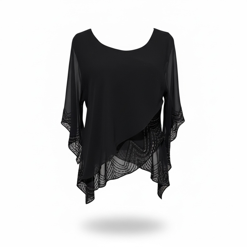 🔻Guimarães Vintage 90s Black Beaded Sheer Asymmetric Poncho Top – Size 46 (M/L)